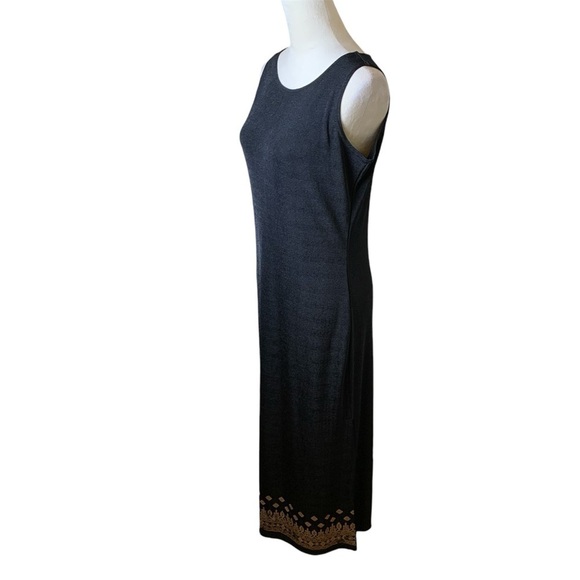 90s Reflections by Spiegel Black Gold Boho Maxi Dress M | Slinky Minimalist Chic - Picture 2 of 8